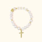 Personalised 6mm Round White Freshwater Shell Pearl Cross Stretch Bracelet for Religious Jewellery Christian Communion Confirmation Baptism Gift
