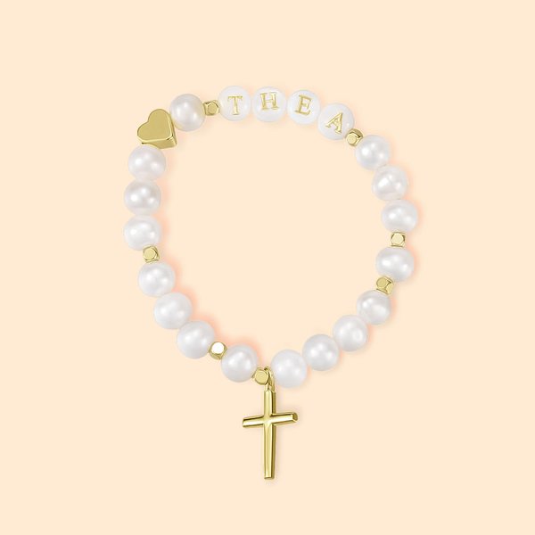 Bracelet personnalisé avec croix en nacre d'eau douce 6mm pour bijoux religieux Communion Chrétienne Confirmation Baptême