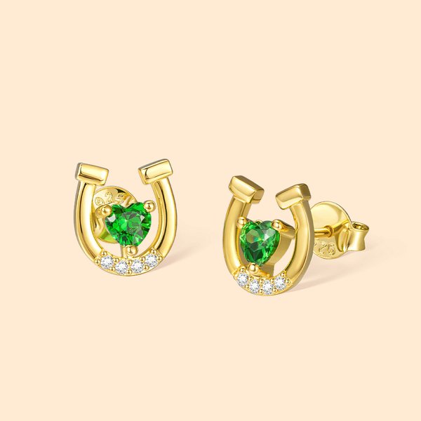 Henkilökohtainen Hevosenkenkä Stud Sterling Silver korvakorut Heart Birthstone ja Zirkoni Lucky Korut lahja tyttö naisille Hevosen ystäville