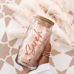 Personalised Wedding Bridesmaid Glass Tumbler 20oz Bohemia Iced Coffee Cup with Lid Straw Bachelorette Party Bridal Party Proposal Gift