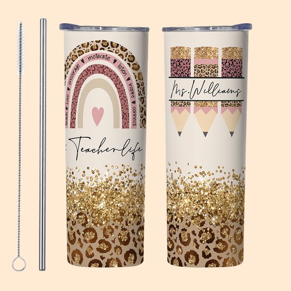 Bicchiere skinny da 20 oz con stampa ghepardo e arcobaleno personalizzato Teacher Life per il regalo di apprezzamento degli insegnanti per il ritorno 