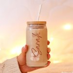 Personalised Wedding Bridesmaid Glass Tumbler 20oz Bohemia Iced Coffee Cup with Lid Straw Bachelorette Party Bridal Party Proposal Gift