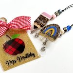 Personalized Glitter Leopard Print Pencil Apple Rainbow Beaded Lanyard and Bag Tag Set Back to School Appreciation Gift for Teacher
