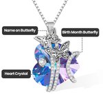 Personalised Birth Month Butterflies Necklace with Heart Crystal and Engraved Names Birthday Anniversary Mother's Day Gift for Family