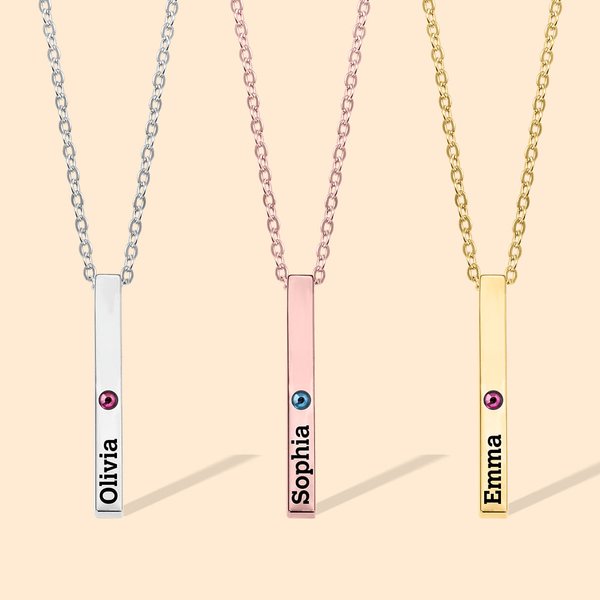 Personalisierte Kind Name Baby Stats Halskette mit Birthstone 3D Vertikale Bar Halskette Einfache minimalistische Schmuck neue Mutter Muttertag Geburt
