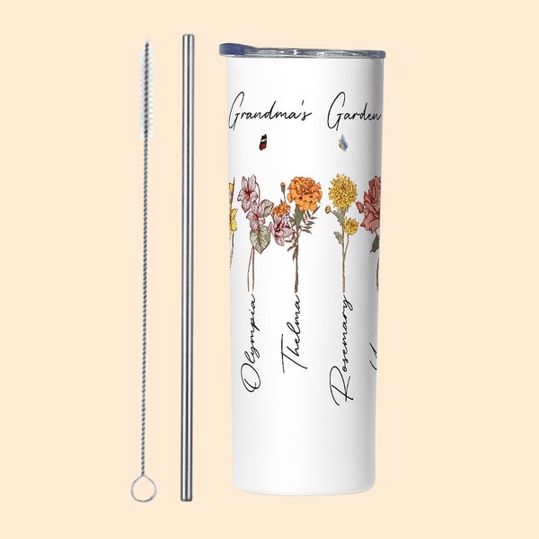 Gobelet Isotherme Personnalisé avec 1-8 Noms et Fleurs de Naissance Couvercle Étanche et Paille Cadeau Anniversaire Fête des Mères pour Femme