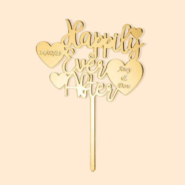 Personlig Akryl Hjärtformad Bröllopstårta Topper Happily Ever After med Namn och Datum Present för Bröllop eller Födelsedag