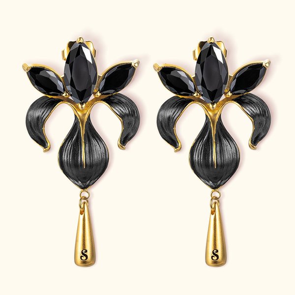 Orecchini personalizzati di fiori di iris con goccia iniziale Nero stile matrimonio Orecchini di iris penzolanti Zircone per le donne damigella d'onor
