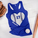 Personalized Glitter Baseball Softball Heart Modal Women Racerback Tank Top with Number and Name Gift for Ball Game Sport Lovers