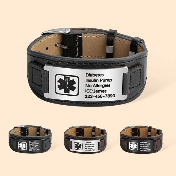 Gepersonaliseerde Verstelbare Lederen Noodgevallen Medische Alarm Armband met Gegraveerde Tekst Cadeau voor Man of Vrouw