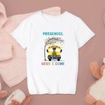 Maglietta personalizzata Here I Come School Bus Kid Ritorno a scuola Primo giorno di scuola Regalo di celebrazione per ragazzo ragazza