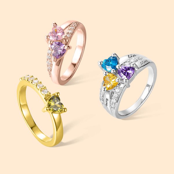 Personalized 1-3 Heart Birthstone Sterling Silver Ring with Engraved Name and Cubic Zircon Valentine's Day Anniversary Mother's Day Gift Women