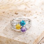 Personalized 1-3 Heart Birthstone Sterling Silver Ring with Engraved Name and Cubic Zircon Valentine's Day Anniversary Mother's Day Gift Women