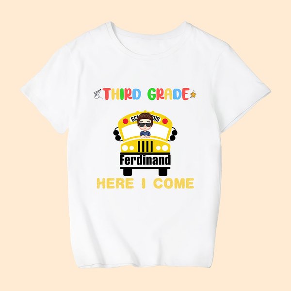 Maglietta in cotone personalizzata Here I Come School Bus Back To School Bambino Regalo primo giorno di scuola
