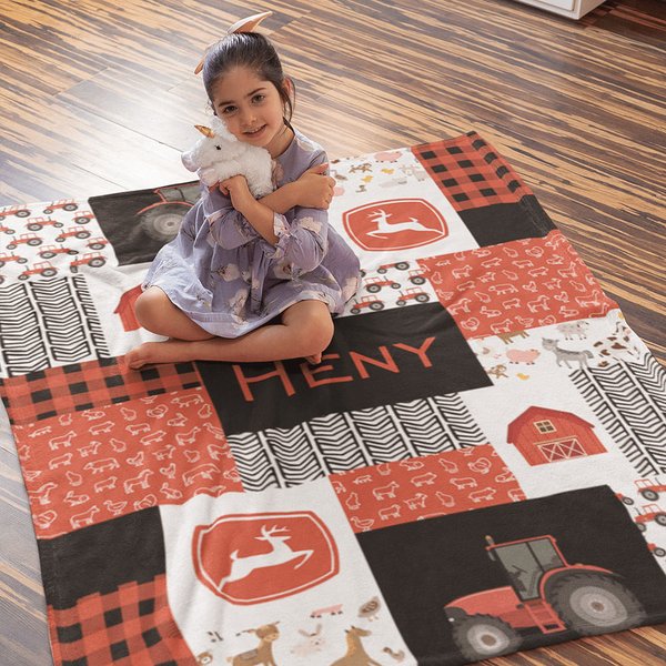 Personalised Tractor Farming Blanket with Baby Name Nursery Blanket Baby Shower Gift Birthday Gift Christmas Day Gift for Baby