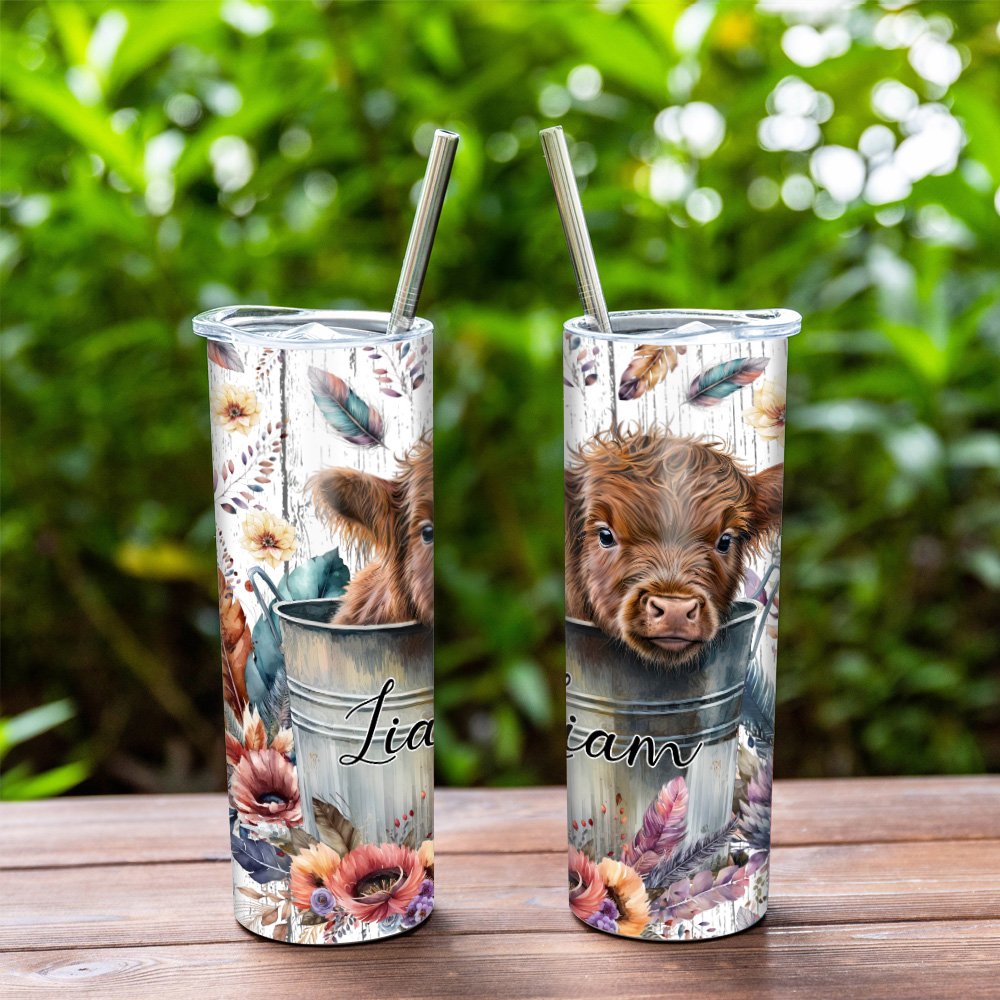 Vaso personalizado de acero inoxidable con tapa y pajita para los amantes de las vacas Baby Highland Cow In A Bucket 20oz 3