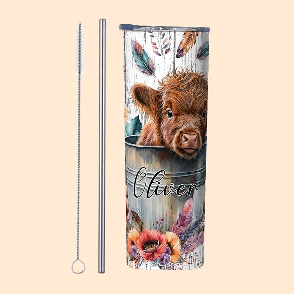 Vaso personalizado de acero inoxidable con tapa y pajita para los amantes de las vacas Baby Highland Cow In A Bucket 20oz