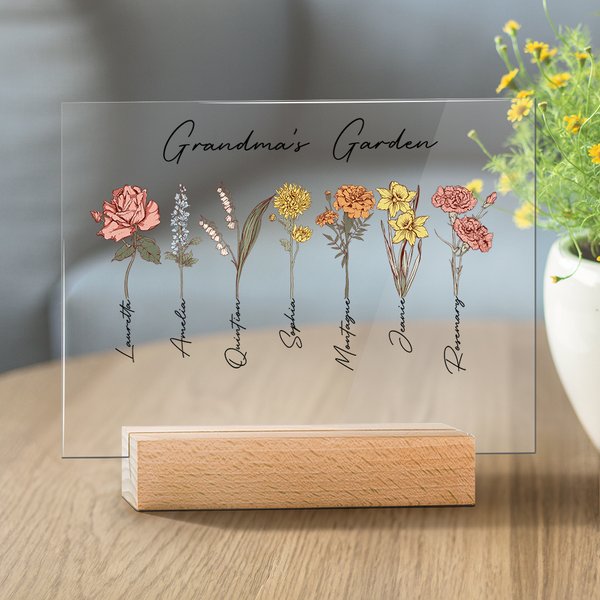 Gepersonaliseerde 1-20 Geboortebloemen Acrylplaquette met Naam en Basis Kamerdecoratie Moederdag Verjaardagscadeau voor Oma Mama