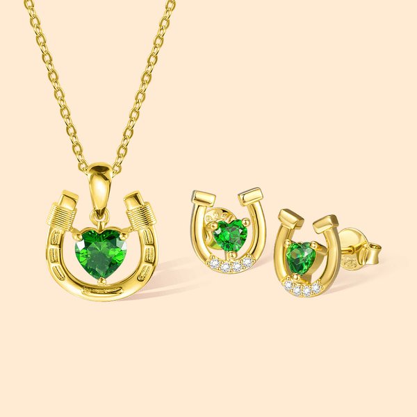 Personligt hästskohalsband och stiftörhängen med zirkon och hjärtfödelsesten Lucky Jewelry Present till flicka Flickvän Hästälskare Present