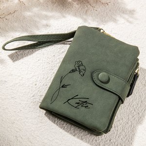 Portefeuille en Cuir PU Triple-pli Personnalisé avec Fleur de Naissance Cadeau Anniversaire pour Femme