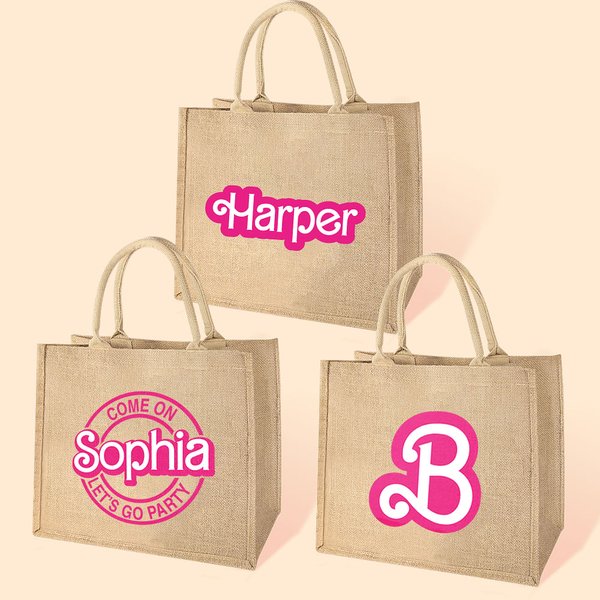 Sac à Main en Jute Personnalisé avec Nom ou Lettre Police Poupée Rose Cadeau d'Anniversaire Saint-Valentin pour Voyage Camping Achat