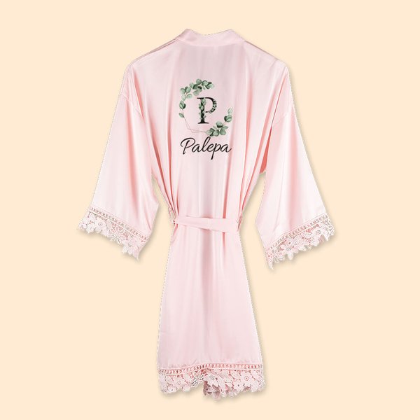 Personalized Bridesmaid Satin Robe with Lace-Trim Bridesmaid Dressing Gown for Bachelorette Bridal Party Bridesmaid Wedding Gift