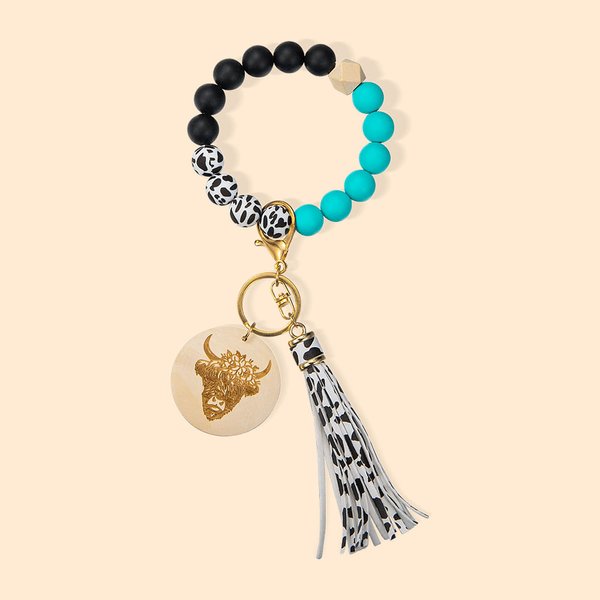 Personalised Cow Print Wristlet Keychain Highland Cow Keychain with Name Silicone Beaded Bracelet for Women Girls