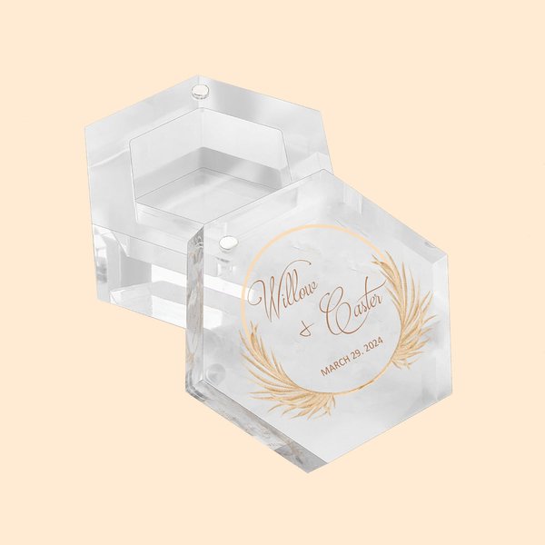 Personalised Boho Wedding Ring Box Hexagon Ring Box with Magnet Acrylic Jewellery Storage Gift for Wedding Engagement Proposal Idea