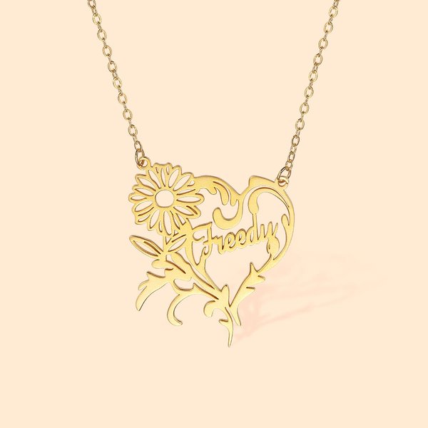 Personalized Birth Flower Heart Necklace with Name Floral Jewellery Mother's Day Valentine Anniversary Bridesmaid Gift