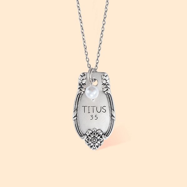 Personalised Engraved Religion Verse or Initial Necklace with Freshwater Pearl Charm Vintage Floral Spoon Jewellery for Women