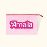 Personalised Pink Curved Font Waterproof Beach Cosmetic Bag Toiletry Bag with Name Bridesmaid Bachelorette Party Wedding Gift for Her