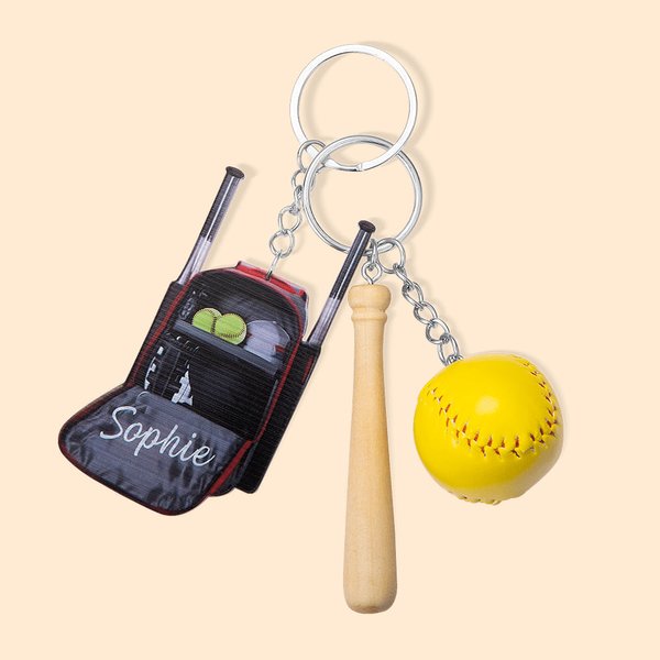 Personalized Softball Backpack Acrylic Keychain with Name and Mini Wooden Bat Birthday Gift for Ball Sports Lover