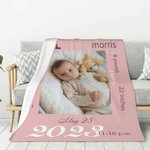 Personalized Soft Flannel or Sherpa Blanket with Baby Information and Photo Baby Shower Gift for Newborn Birth Stats Gift