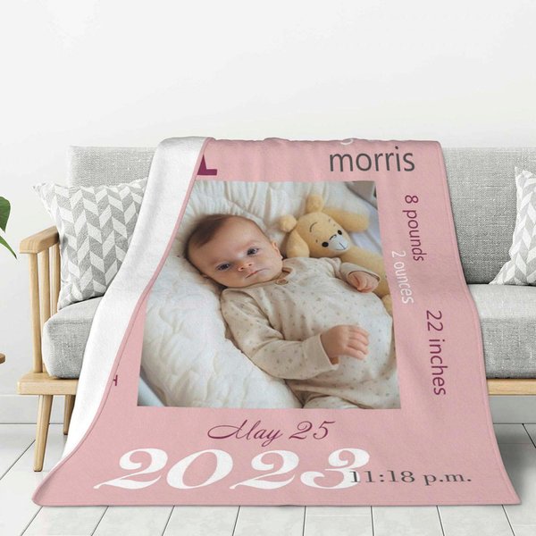 Couverture personnalisée en flanelle ou en sherpa avec informations sur le bébé et photo Cadeau de douche de bébé pour le nouveau-né Cadeau de statist