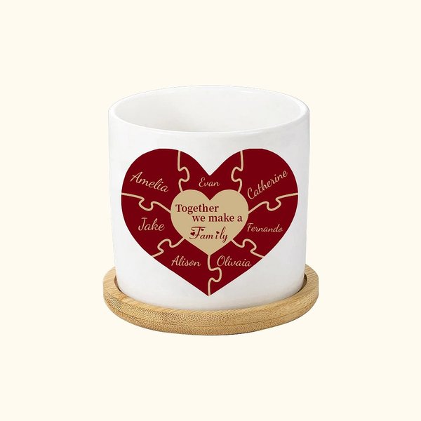 Vaso da fiori personalizzato con puzzle a forma di cuore Insieme facciamo famiglia, regalo per la mamma o la nonna