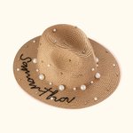 Personlig Handgjord Repbroderi Strandhatt Denim Solhatt med Pärlor och Namn Bröllopsfest Present till henne