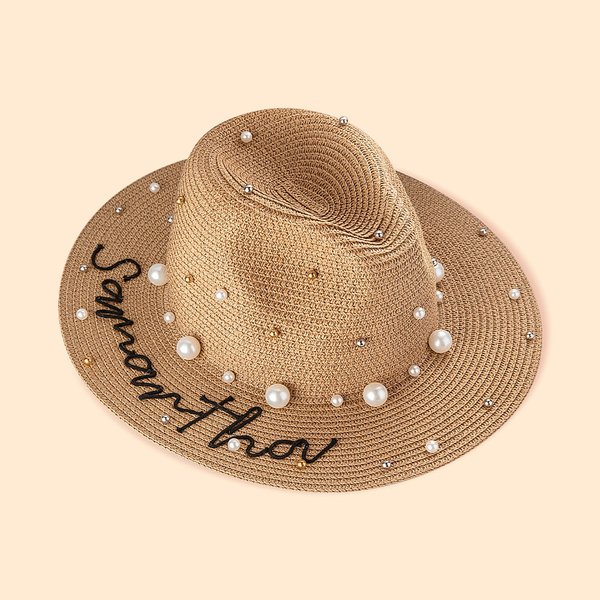 Personlig Handgjord Repbroderi Strandhatt Denim Solhatt med Pärlor och Namn Bröllopsfest Present till henne