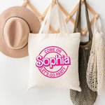 Personalized Pink Doll Inspired Reusable Canvas Tote Bag with Letter or Name for Camping Shopping Travel Birthday Wedding Gift for Her
