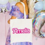 Personalized Pink Doll Inspired Reusable Canvas Tote Bag with Letter or Name for Camping Shopping Travel Birthday Wedding Gift for Her