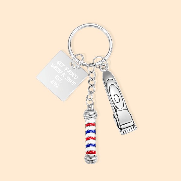 Personalised Barber Shop Pole Lamp Keychain with Hair Clipper Charm Gift for Hairstylist Barber Hairdresser