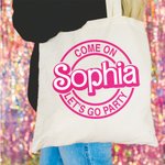 Personalized Pink Doll Inspired Reusable Canvas Tote Bag with Letter or Name for Camping Shopping Travel Birthday Wedding Gift for Her