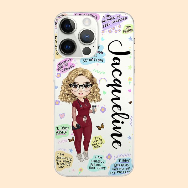 Personalised Nurse Daily Affirmations Clear Mobile Phone Case for iPhone with Name Nurse Week Graduation Christmas Birthday Gift for Nurse