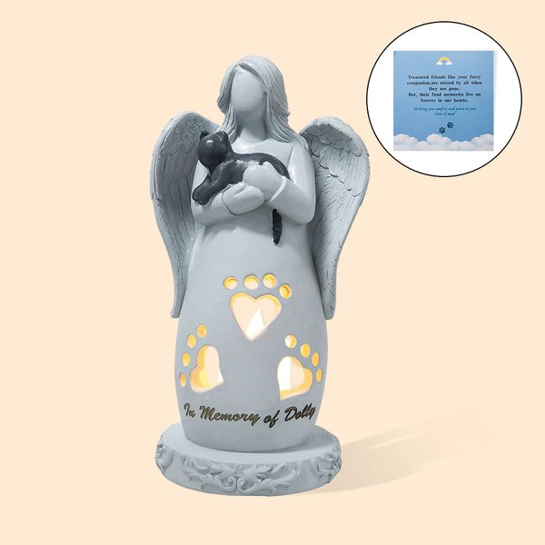 Ángel abrazando a su mascota Figurita portavelas con luz LED Regalo conmemorativo por la pérdida de una mascota