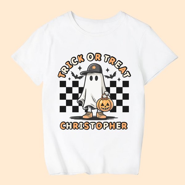 Maglietta personalizzata Trick or Treat Ghost Happy Spooky Halloween T-Shirt Zucca Scheletro Regalo di Halloween per bambini, ragazzi e amici