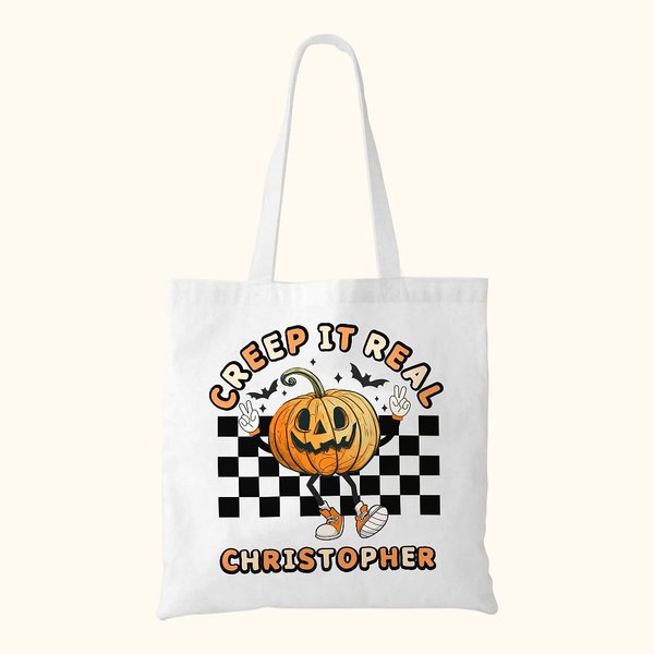 Gepersonaliseerde Happy Halloween Creep It Real Treat Bag Spookachtige Skelet Pompoen Tote Bag Home Decoratie Halloween Cadeau voor Familie Vrienden
