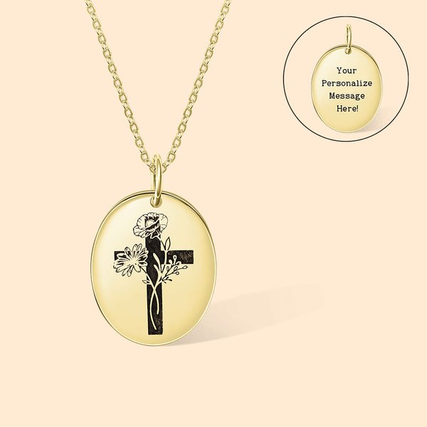 Personalised Engraved Cross Name Necklace with Birth Flower Birthday Mother's Day Gift for Her