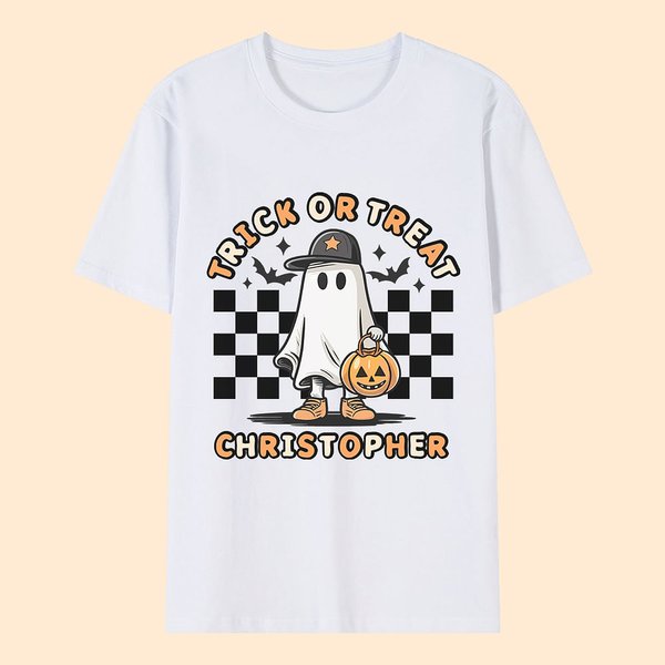 Personalized Halloween Ghost Pumpkin T-shirt Spooky Season Skeleton Short Sleeve Tee with Checkerboard Family Couple Shirt Halloween Party Gift