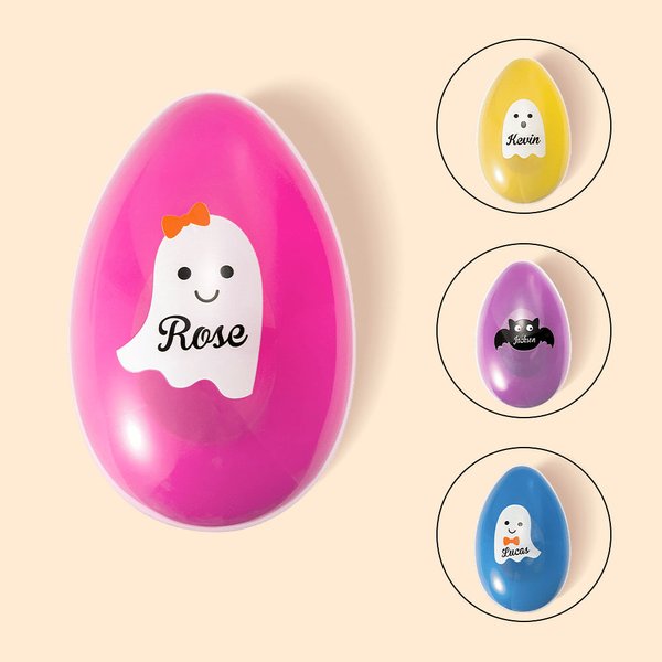 Personalisierte Halloween niedlichen Geist Fledermaus Ei Form Candy Container mit Namen Halloween Trick oder Treat Party Geschenk für Kinder Kinder