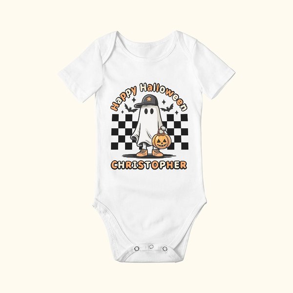 Personalisierte Retro Halloween Hippie Geist Kürbis Blume Schmetterling Skelett Baby Strampler Halloween Geschenk für Baby oder neue Mutter