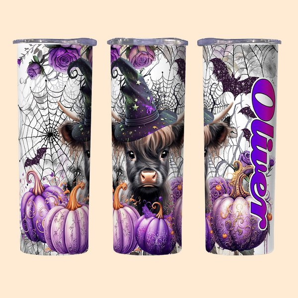 Gobelet Étanche Personnalisé avec Nom Style Vache Highland de Sorcier Gobelet avec Couvercle et Paille Cadeau Halloween Thanksgiving pour Enfant